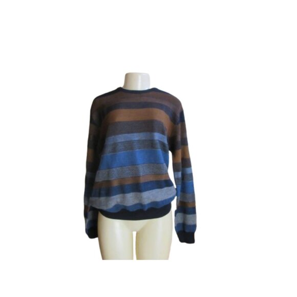 Bullock & Jones Striped Virgin Wool & Acrylic Sweater Size L Blue/Brown Made In - Picture 1 of 5
